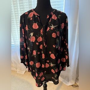 Torrid Black Blouse with Pink Rose Pattern